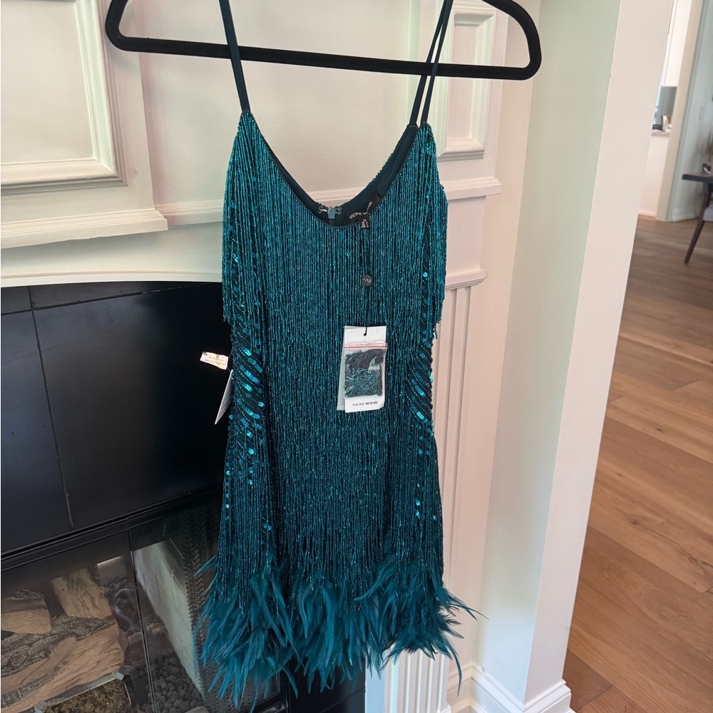 NADINE MERABI Teal Lottie Feathered Dress - Picture 3 of 13